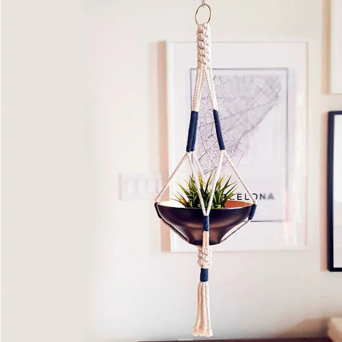 White & Navy Macrame Plant Hanger / Pot Holder