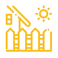 A stylized icon representing a house witha wooden fence under the shining sun.