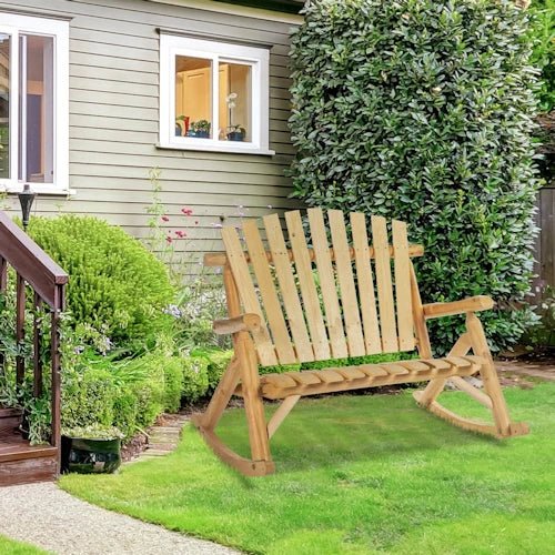 Fir Wood Log Slatted Adirondack Rocking Loveseat ~ Mitch's Backyard